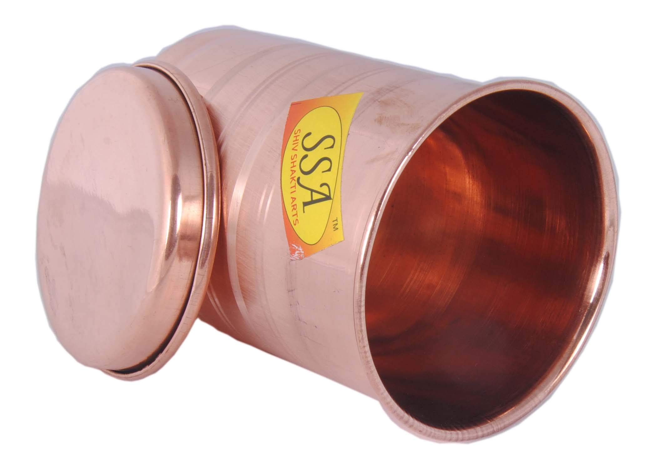 SHIV SHAKTI ARTS Handmade Pure Copper Glass With Copper Lid Silver Touch Design Tumbler Capacity-300 ml each ::Set Of 2