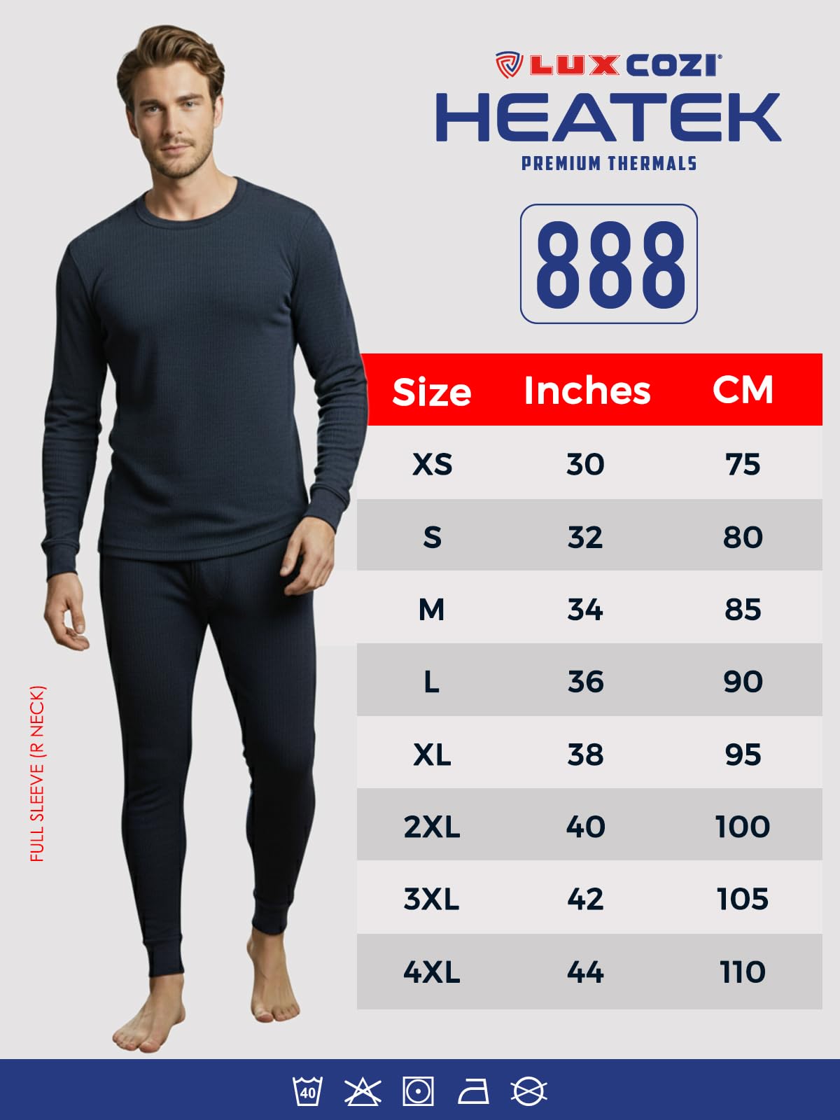Lux Cozi HEATEK 888 Ensemble thermique thermique à manches longues et col rond pour homme