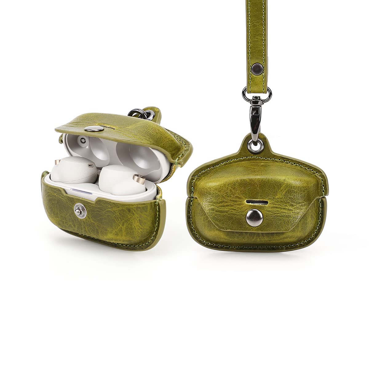 WF-1000XM4 Leather Case,Hiram Crazy Horse Cowhide Leather Portable Travel Case for WF-1000XM4,Headphone Cases for WF-1000XM4 Charging Box Case(Green)