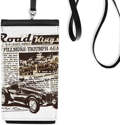 Classic Cars Newspaper Pattern Illustration Phone Wallet Purse Hanging Mobile Pouch Black Pocket