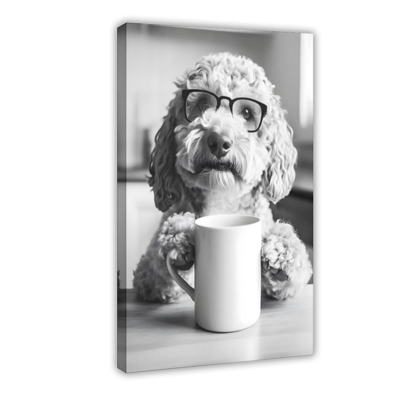 BNCEDJK Labradoodle Dog Drinking Coffee & Wearing Glasses, Canvas Poster Bedroom Decor Landscape Decor Gift 12x18inch(30x45cm)
