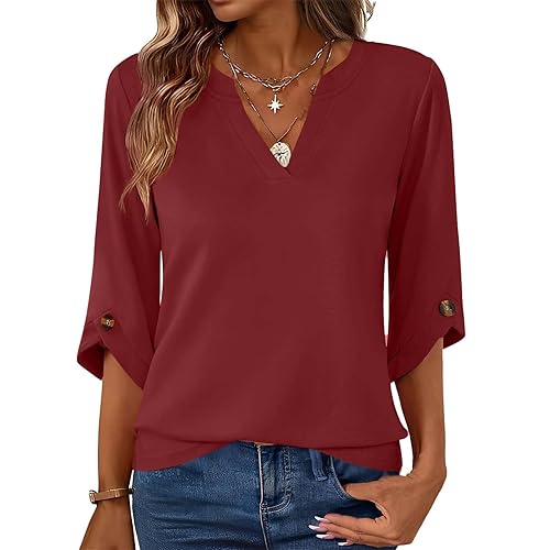Oplxuo Womens V Neck 3/4 Sleeve Tops Solid Spring Summer