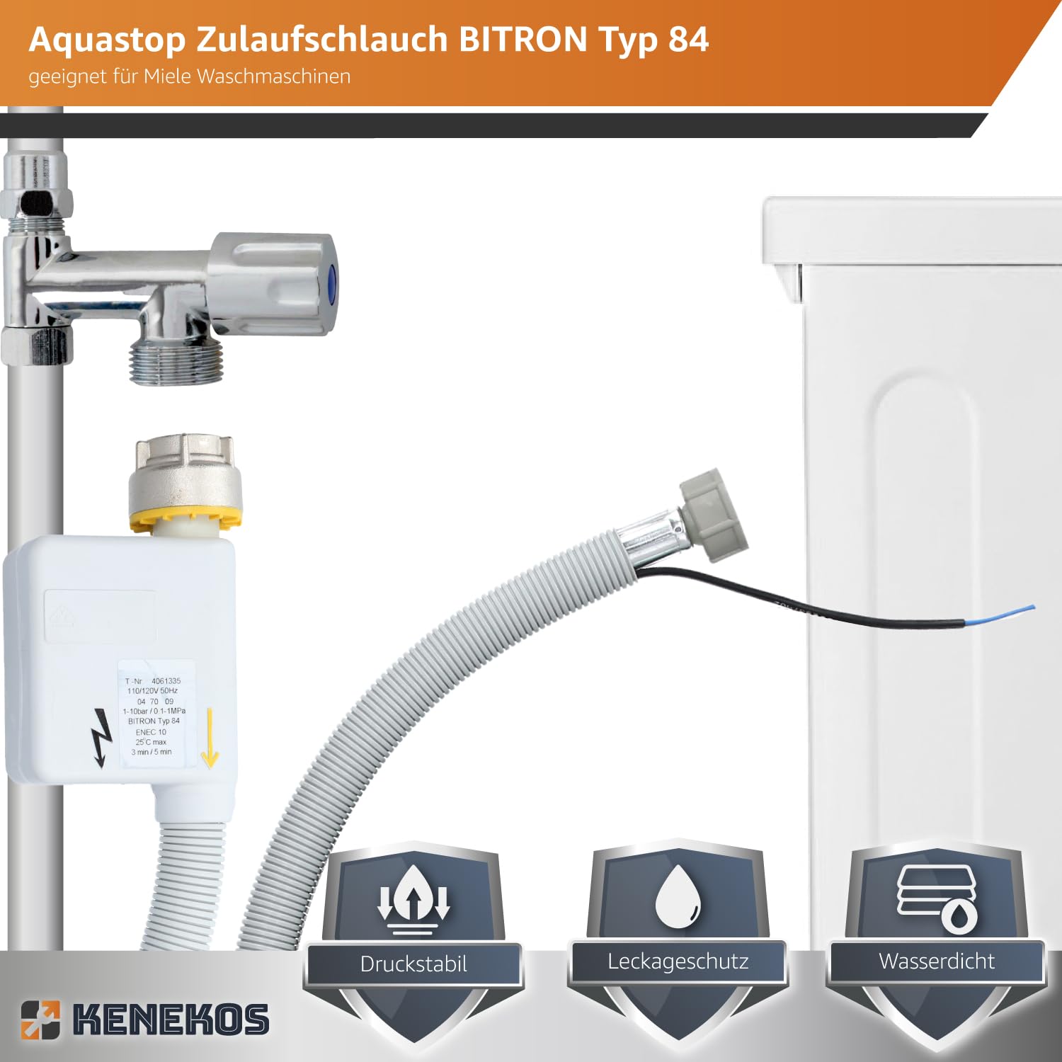Kenekos - 2,2 m Aquastop Zulaufschlauch BITRON Typ 84 geeignet für Miele Waschmaschine 4622714/4061335, 3/4 Zoll Zulauf Schlauch WPS, Aquastopp Sicherheitszulaufschlauch mit elektrischem Anschluss