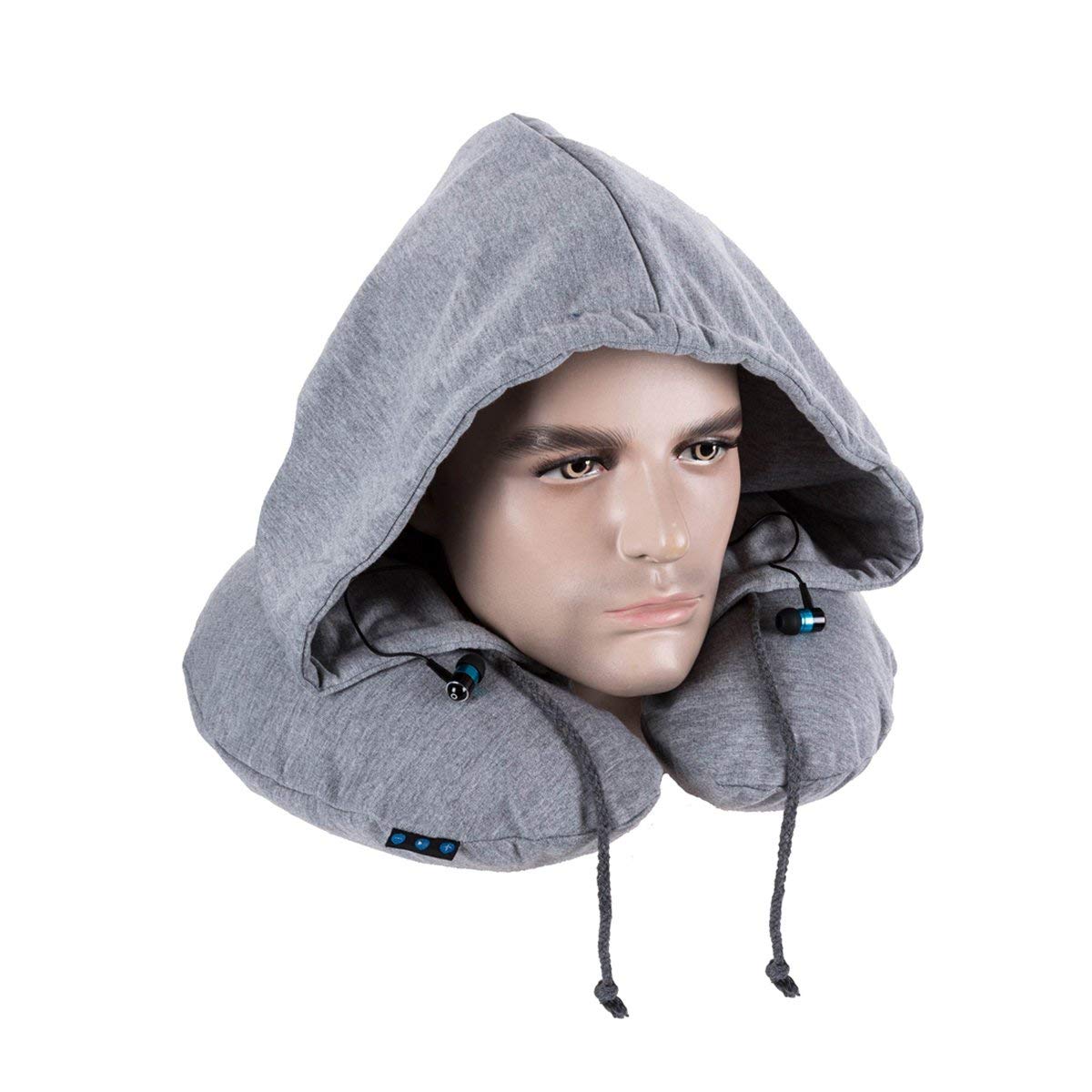 Merlin SkySnug Neck Support Travel Pillow With Hat, Built-In Wireless Bluetooth Headset Earphones Grey/Black Neck Rest Cushion Supports Head, Neck and Chin, Hat and Earplugs Travel Accessories