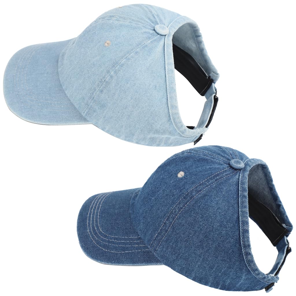 Degfey Women's Backless Baseball Caps for Curly Hair, Satin Lined, 2 Pack, Denim Light Blue+blue, M