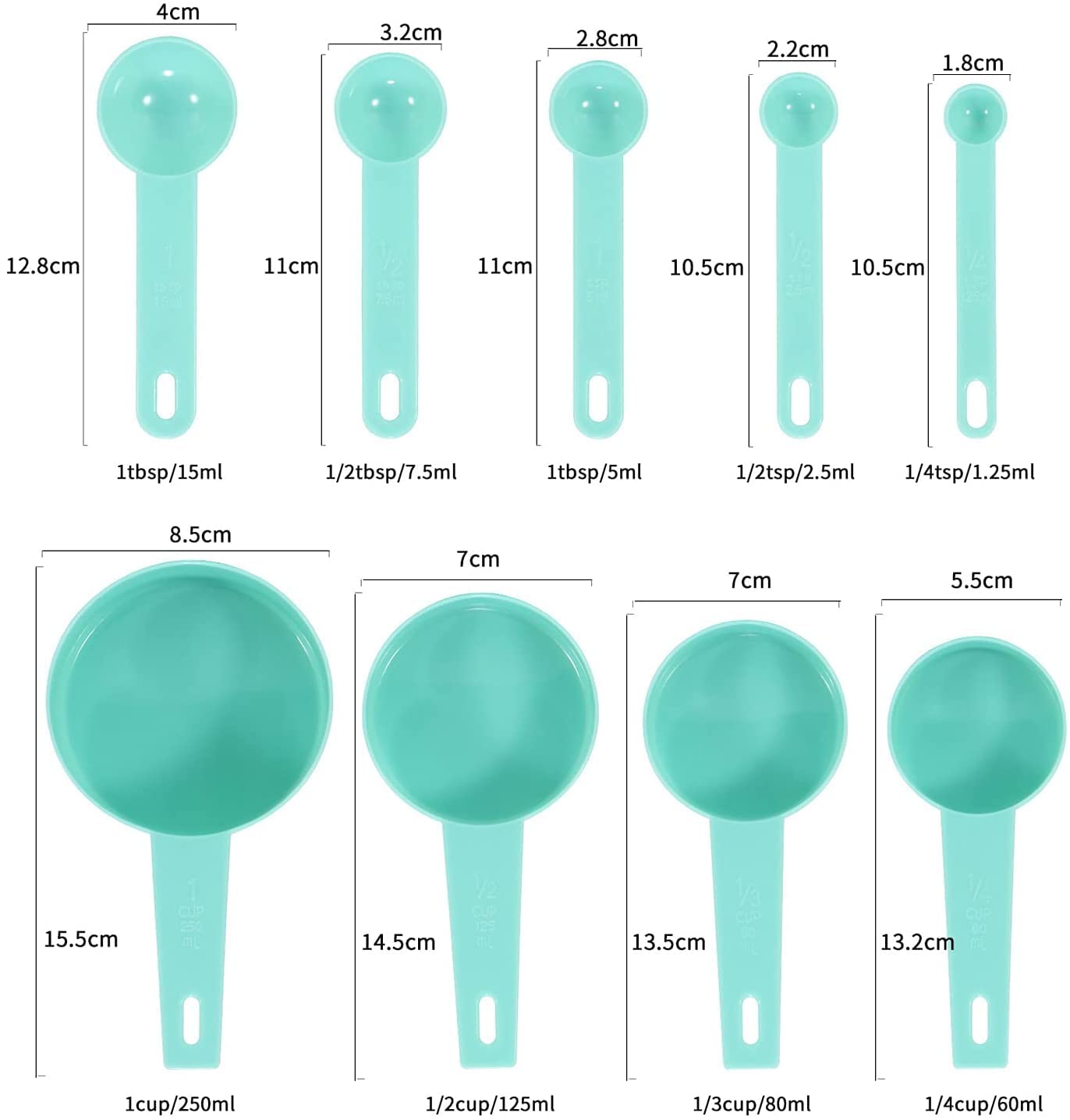 Zestaw miarek i łyżek, 9-częściowy plastikowy przyrząd pomiarowy PP z precyzyjną podwójną skalą i klamrą pierścieniową do gotowania i pieczenia (ciemnoniebieski)