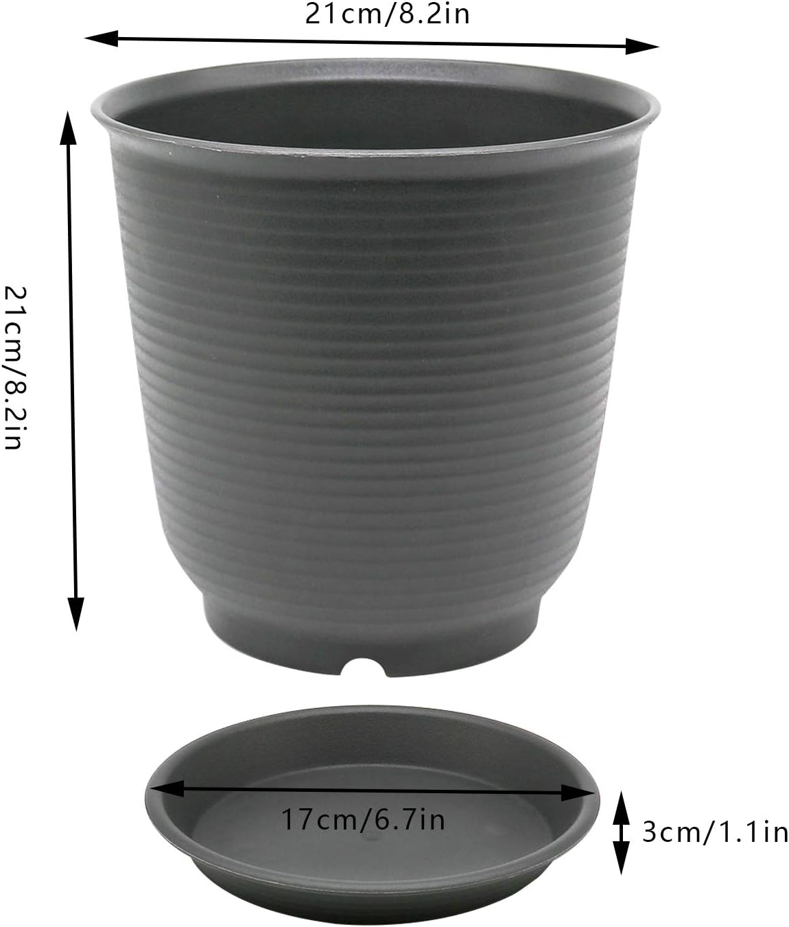 Unkno 8 Pack 8.2 Inch Flower Plant Pots, Plastic Planter with Drainage Hole and Tray, Black Grey, Plants Not Included (Tall)