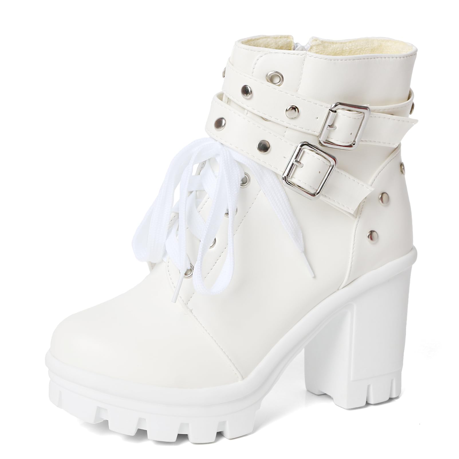 MEOTINA Goth Platform Boots Lace Buckle Gothic Cosplay Booties Chunky High Heels Ankle Boots Zipper Punk Shoes