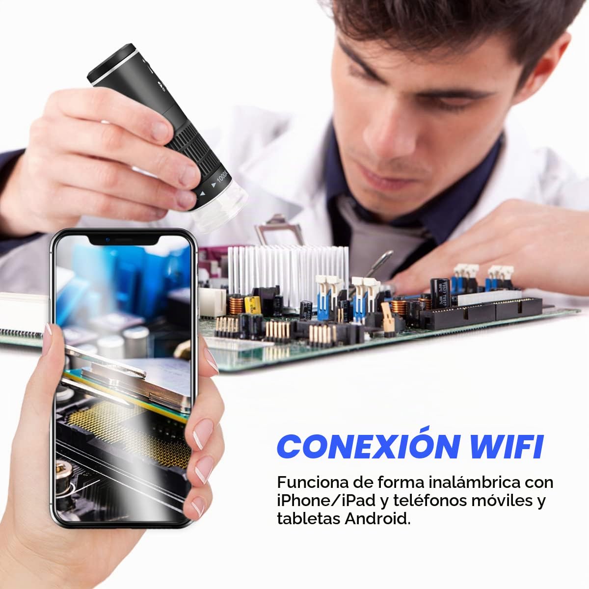 Jiusion WiFi USB Microscopio Digital HD 50 a 1000x Aumento inalámbrico Endoscopio 8 LED Mini cámara con Soporte actualizado Estuche portátil, Compatible con iOS Android Windows Mac | Minicámara inalámbrica de 8 LED con soporte, funda portátil, compatible