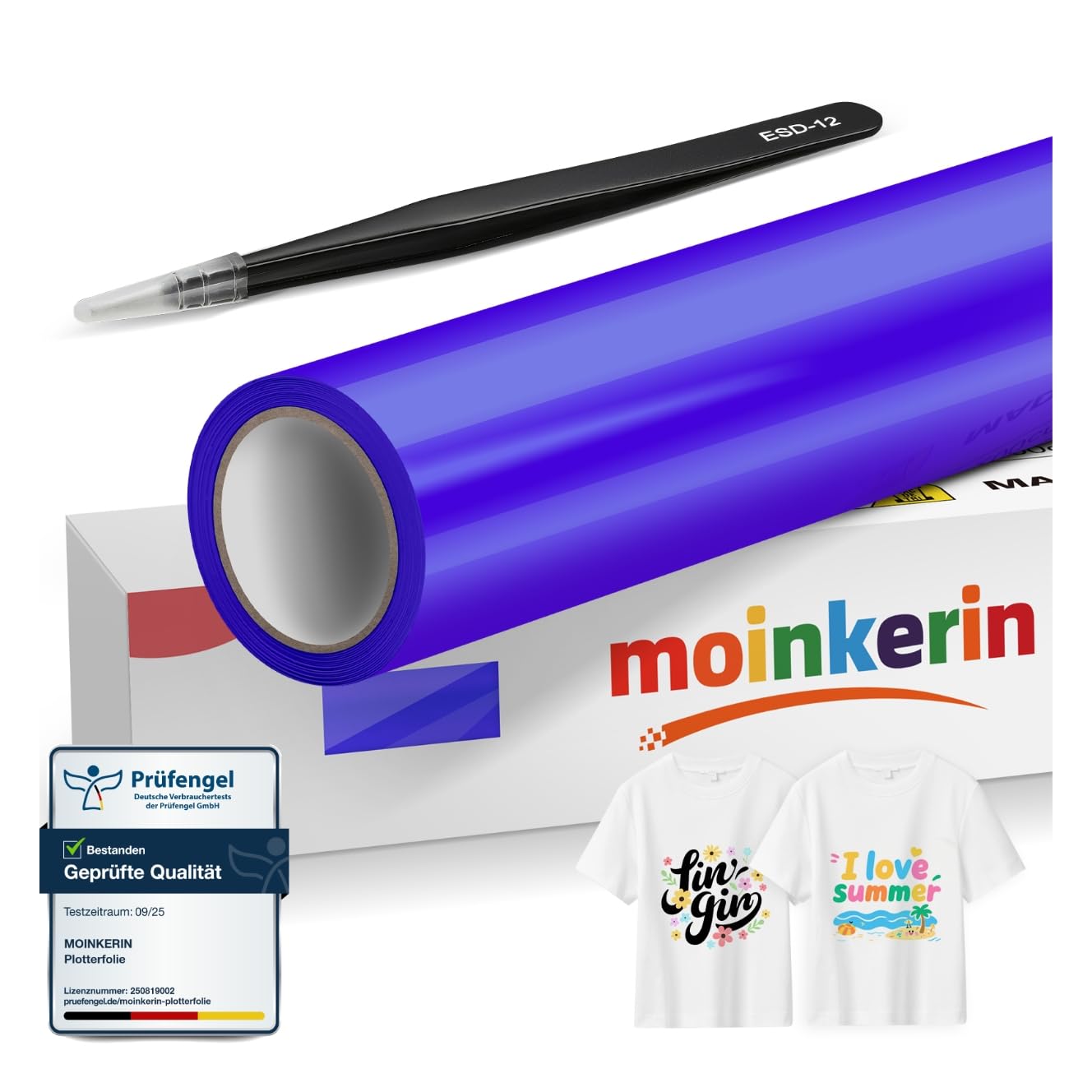 moinkerin Saphirblau 30,5x200cm Plotterfolie Textil & Transferfolie Plotter - PVC-Transferfolie mit Edelstahl-Pinzetten für DIY T-Shirts & Textilien