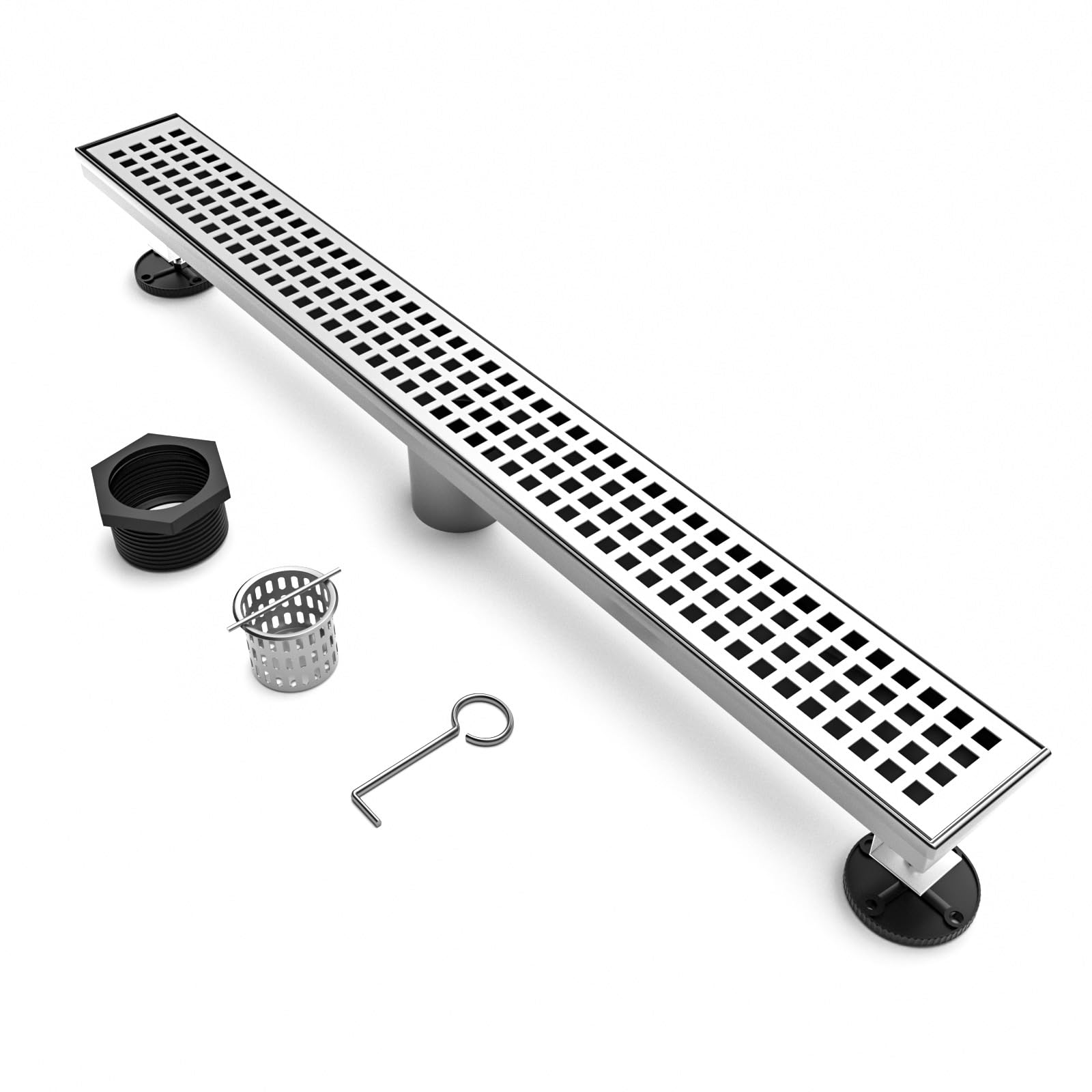 BARONAGE 36 Inch Linear Drain Shower Rectangular Floor Drain with Removable Square Hole Cover and Hair Catcher, Long Shower Drains 304 Stainless Steel