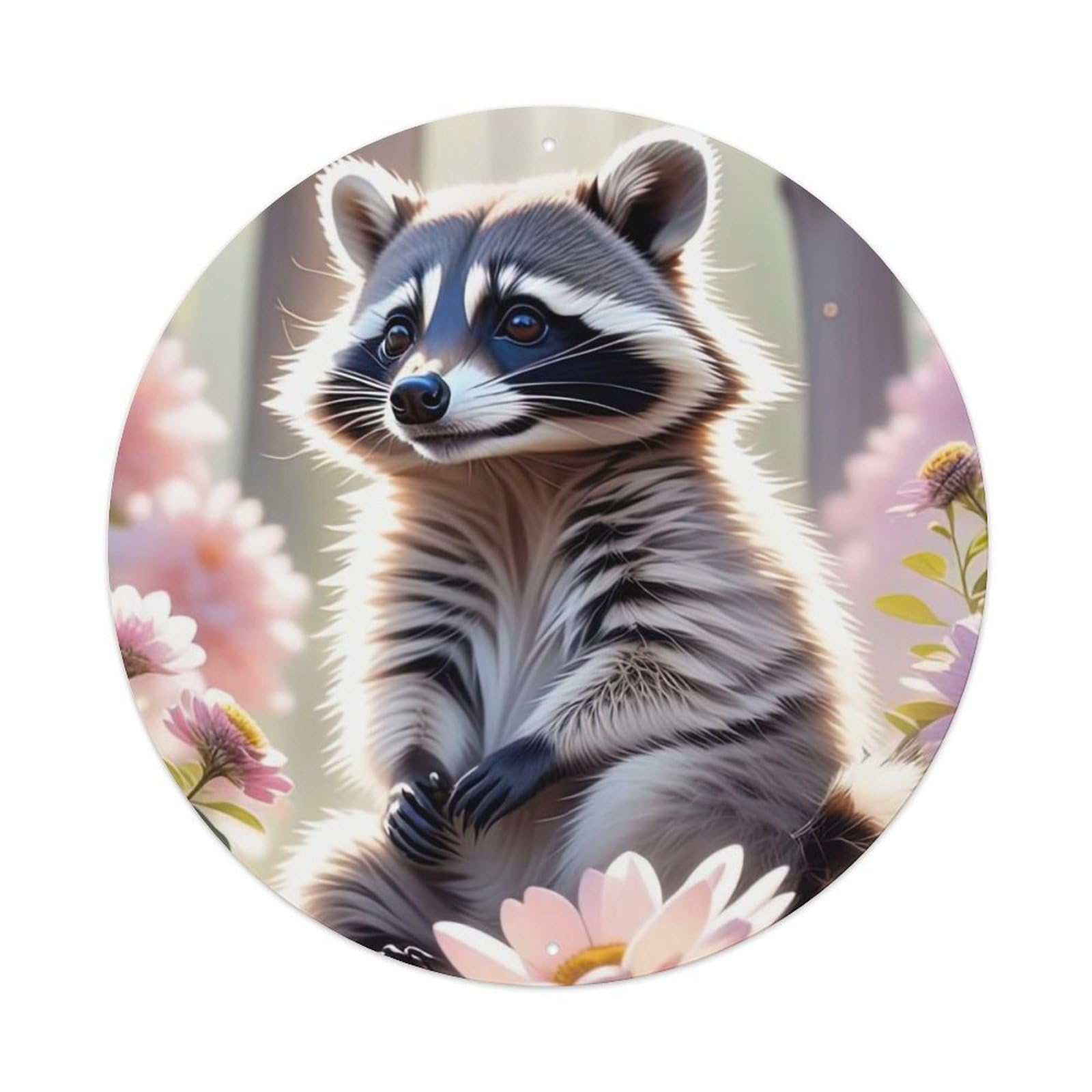 Wildlife Artwork Raccoon Among Flowers Metal Tin Sign