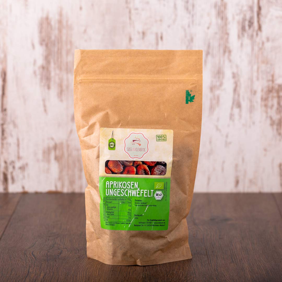 süssundclever.de® Bio Aprikosen, getrocknet | 5,0 kg (5 x 1,0 kg) | ungezuckert und ungeschwefelt | ohne Stein | plastikfrei und ökologisch-nachhaltig abgepackt