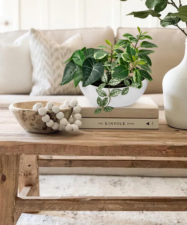 Hollyone 30CM Mixed Artificial Plants in White Pot, Decorative Fake Plants with Boat Pot - Image 4