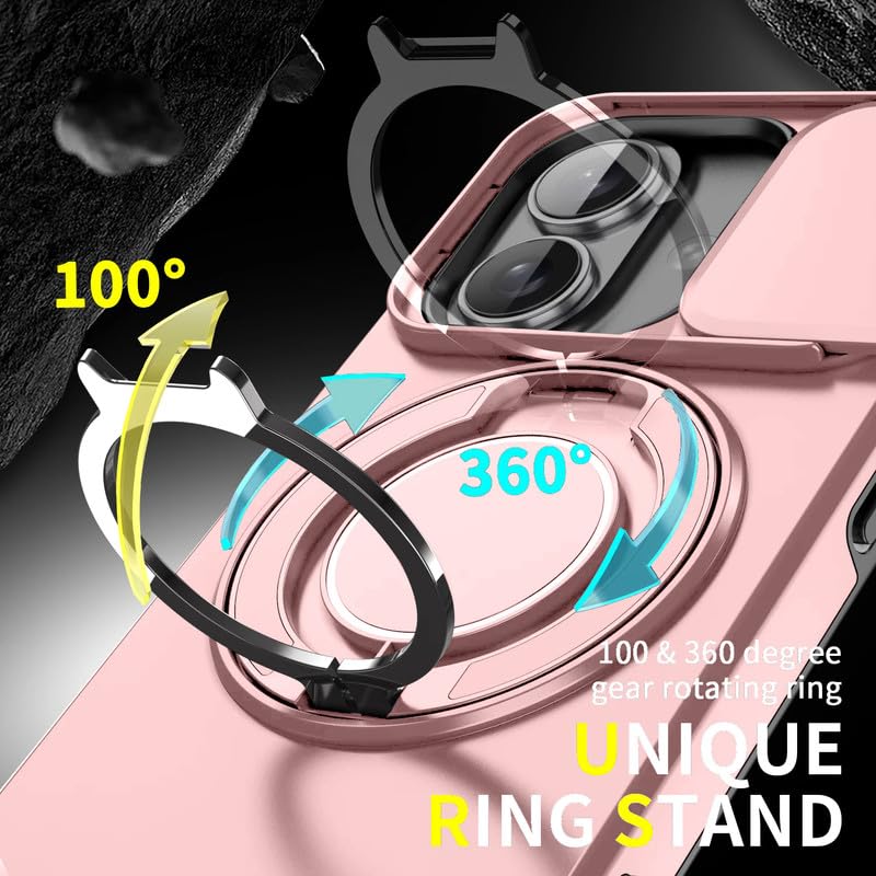 Image of LuxuryKase Shockproof Rugged Case for iPhone 16 Plus | Slide Camera Cover | 360 Rotating Ring Kickstand | Military-Grade Protection - Rose Pink