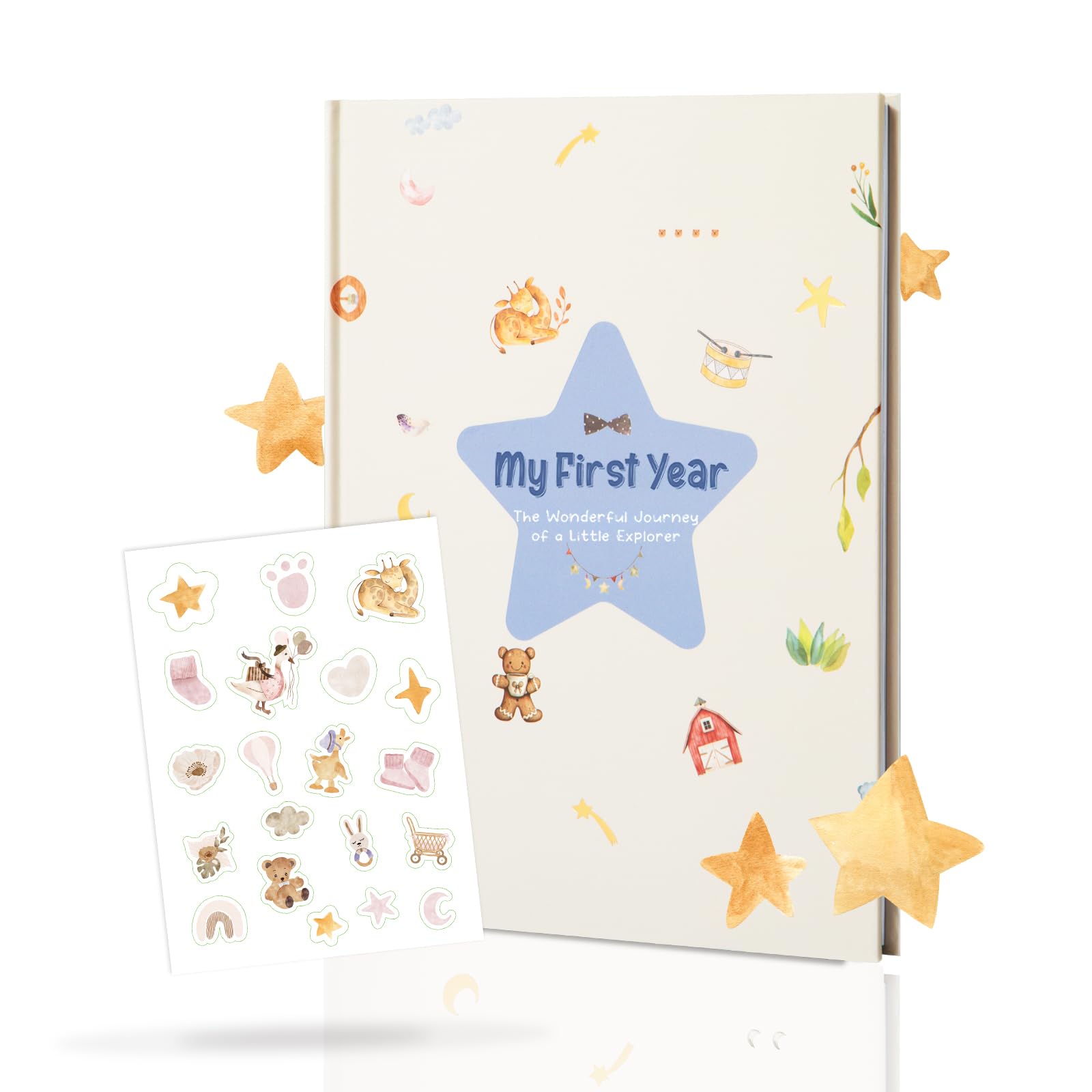 Printara My First Year Baby Memory Book – A4 Diary & Keepsake Album With Star Design, Includes 20 Stickers, Ideal For Birth, Baptism & Baby Shower