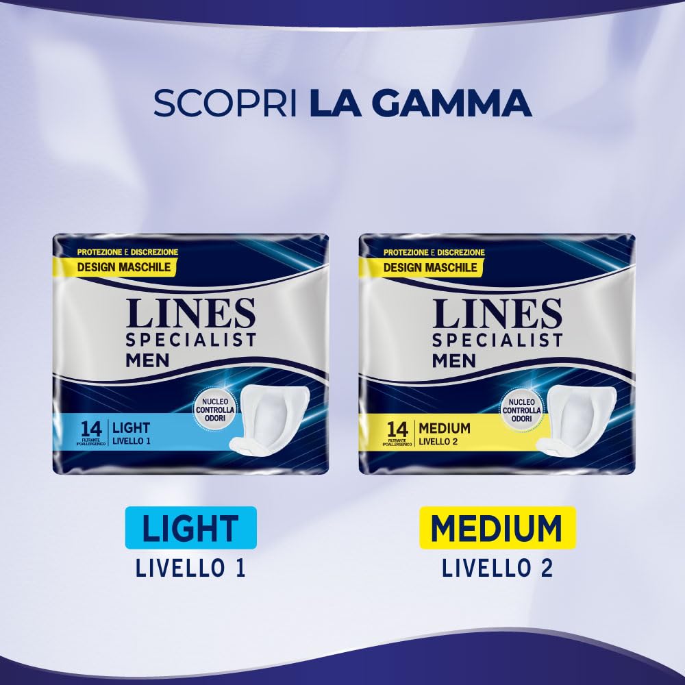 Lines Specialist Assorbenti Maschili Medium Livello 2, Anatomici e con Nucleo Controlla Odori, Protezione e Discrezione, 8 Confezioni da 14 Unità