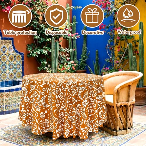 Image of Ganeen 6 Pcs Cielito Lindo Tablecloth Mexican Round Disposable Plastic Tablecloths 84 Inch De Barro Mexican Terracotta Plastic Waterproof Table Covers for Wedding Bridal Shower Decoration Party Favor