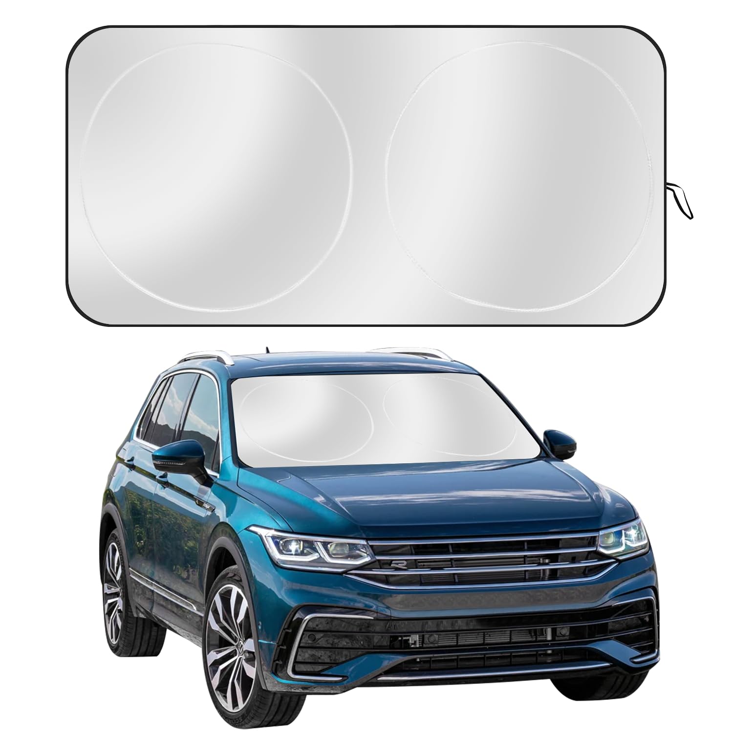 JUSTTOP Car Sun Shade Windshield - Foldable Sun Car Window Shield 210T Coated Silver Cloth Reflective Polyester Material Blocks 99% UV Rays, Fits Most Windshields(Medium 59 x 28.3 in)