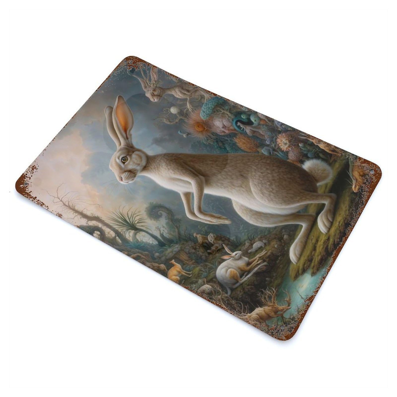Rust Effect Surreal Rabbit Safari Weathered Tin Sign 11.8"x7.9", Classic Wall Plaque for Living Room, Hallway And Home Decor