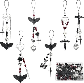 SUNNYCLUE 1 Box 6 Straps Phone Charm Making Kit Halloween Phone Charms Strap Skeleton Moth Butterfly Cross Cellphone Charm Gothic CellPhone Charms for Women Adults DIY Keychain Moblie Case Decor