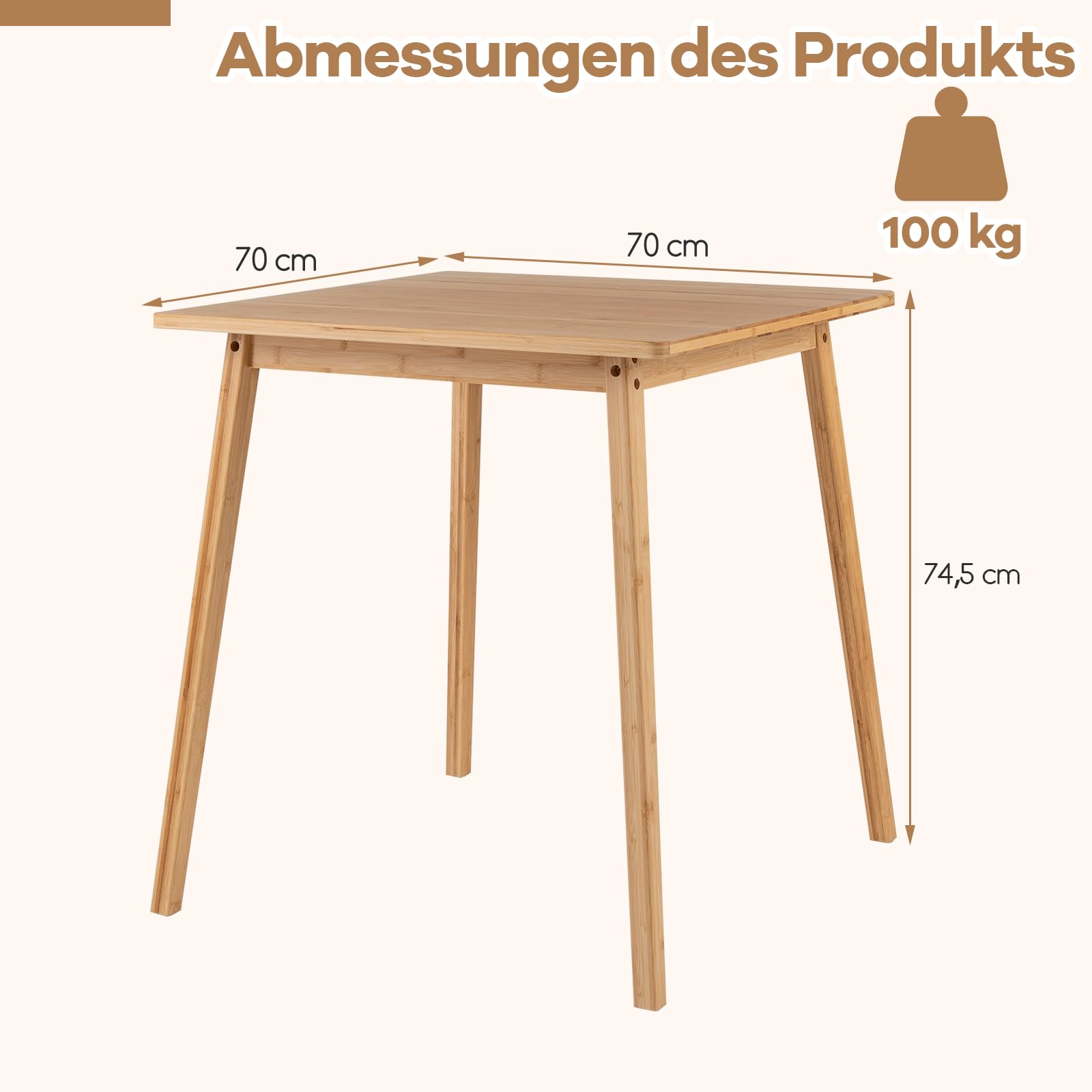 COSTWAY Esstisch 70x70 cm, Küchentisch aus Bambus, quadratischer Holztisch, Esszimmertisch für 2-4 Personen, für Esszimmer, Küche, Natur