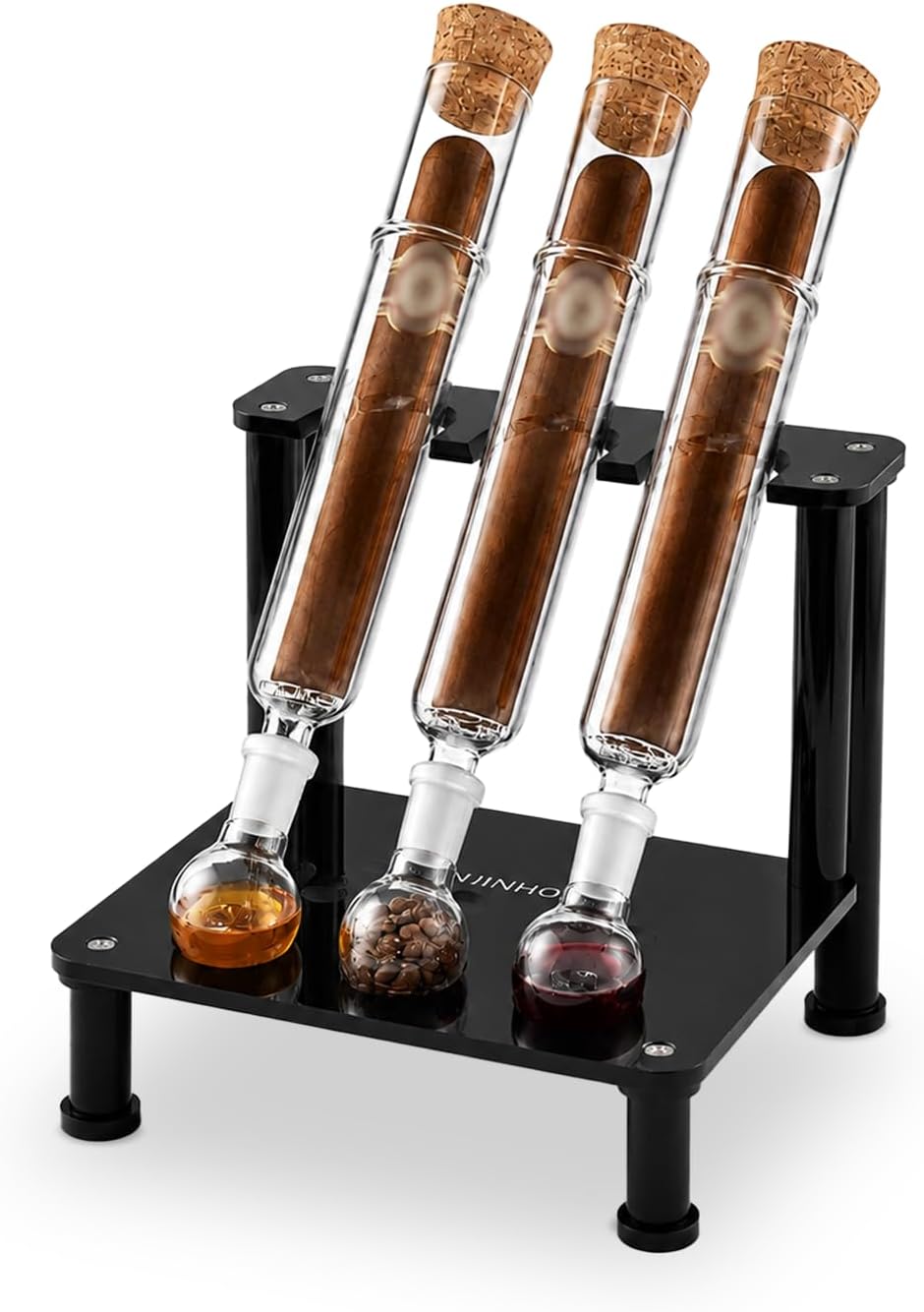 Upgraded Cigar Flavoring Infuser Glass Tube Set for 3, Borosilicate Humidor with Spacer & Black Acrylic Stand, Portable Kit for Cigar Aging and Display