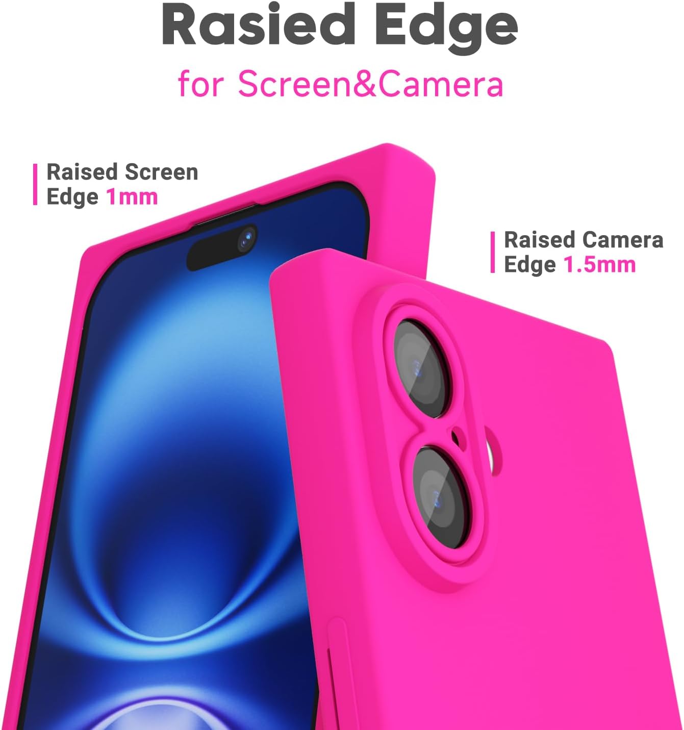 oakxco for iPhone 16 Case Silicone Rectangle Edge Corner, Y2k Soft Rubber Gel Cute Phone Case for Women, Girly Aesthetic Trendy Unique Design with Camera Cover, Neon Hot Pink image 4