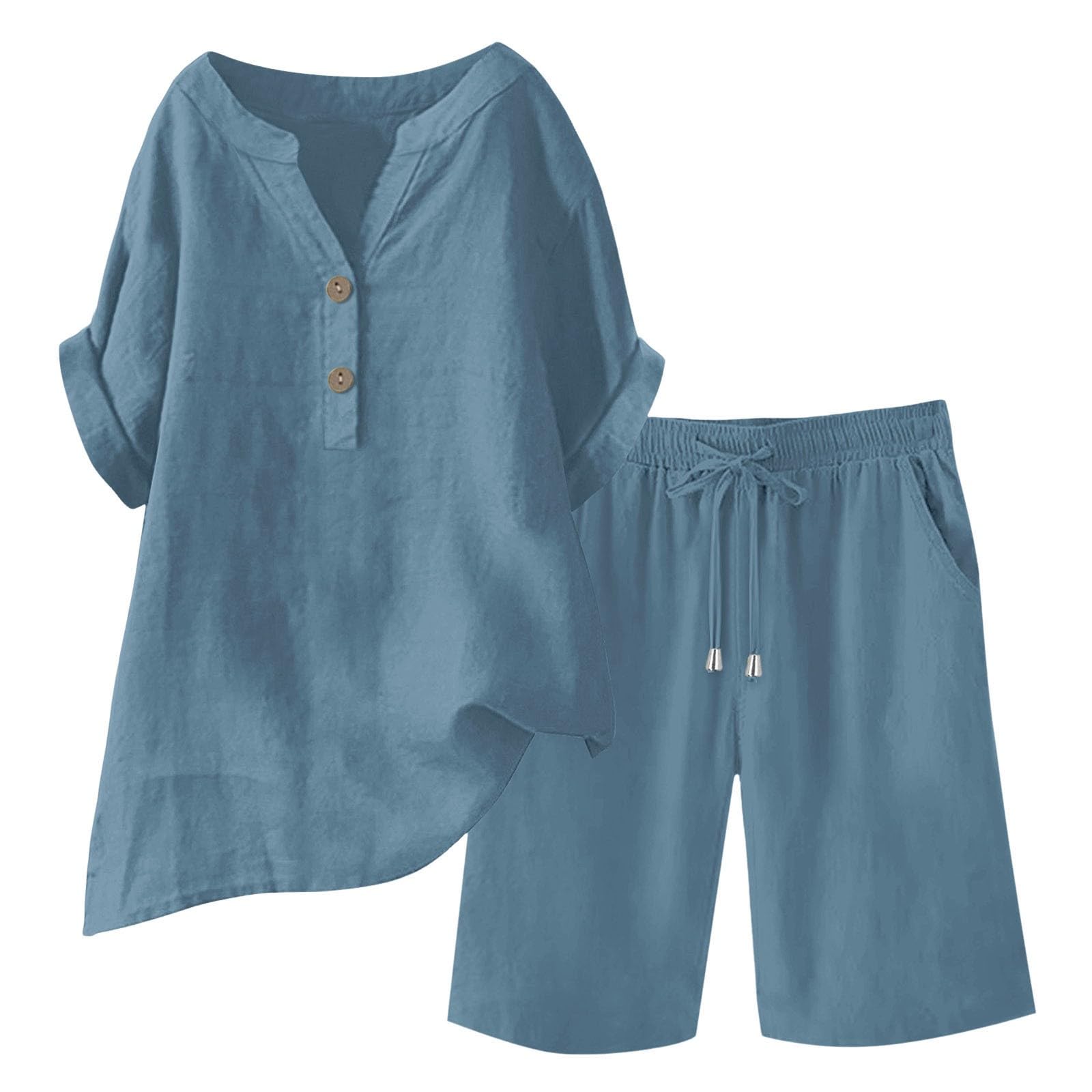 riou Chándal Mujer Completo Verano Original Moda Algodon Y Lino Conjunto 2 piezas Ligero Chándal Camisa + Pantalones Corto Pierna Ancha Transpirable Pijama Para Casual Fitness Running Jogging