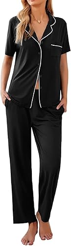 Ekouaer Conjunto de pijama para mujer con botones, ropa de dormir de manga corta con pantalones largos, conjunto de pijama suave S-XXL