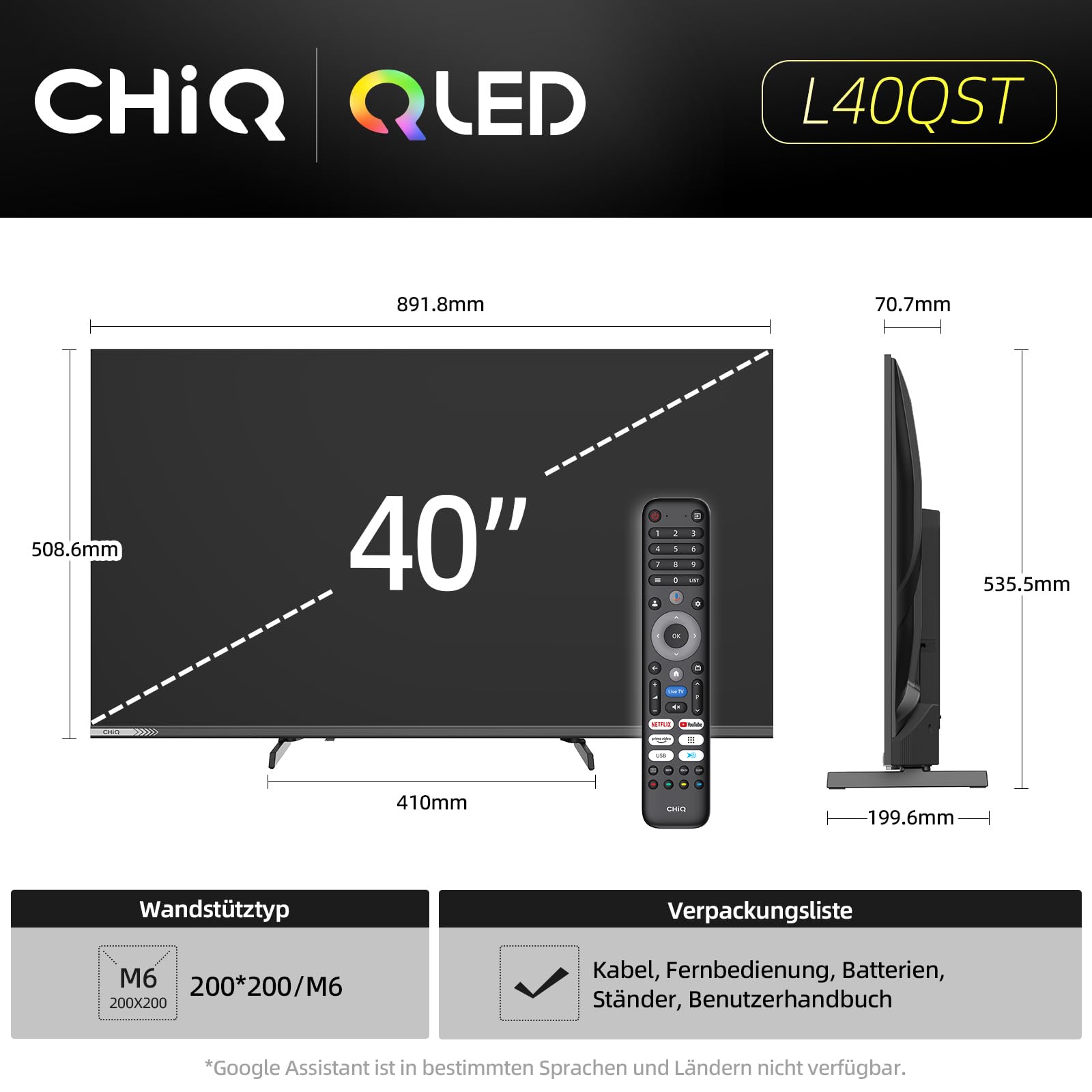 CHiQ 40 Zoll (101cm) FHD, QLED Pro Smart Google TV, Kompatibel mit HDR10, dbx-tv, Apple AirPlay, Prime Video, YouTube, Dolby Audio, mit Google Sprachsteuerung, Rahmenloses Design, L40QST