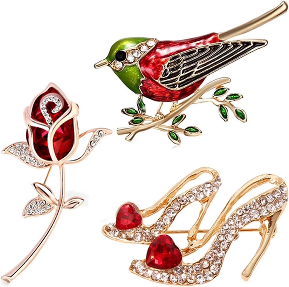 3pcs Multicolor Red Rhinestone Crystal Bird Flower High Heels Fashion elegant Brooch Pin Set for Women scarf buckle brooches pins