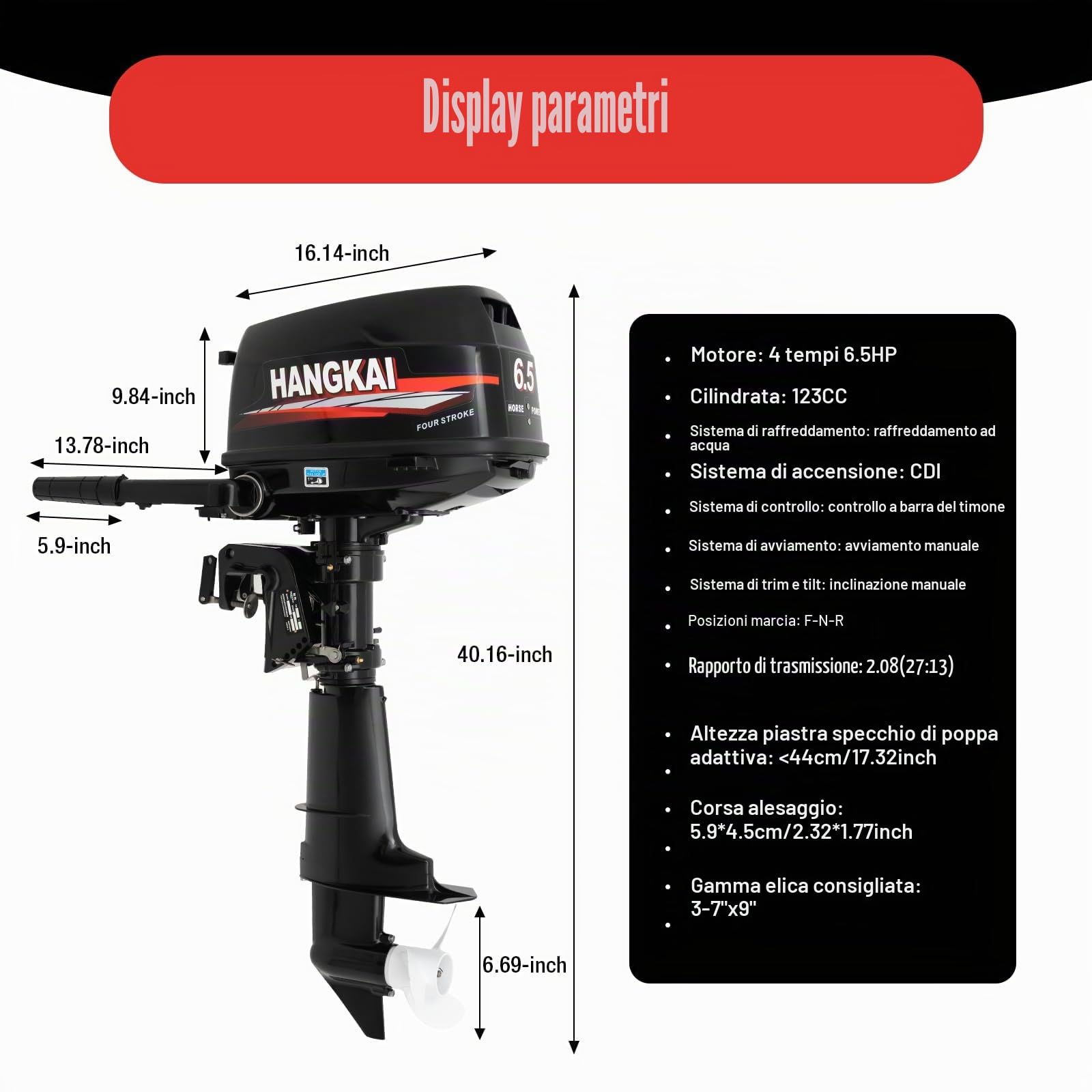 Motore fuoribordo a 4 tempi, 123 cc, 6,5 CV, 6000 giri/min, capacità serbatoio 12 l, raffreddato ad acqua, accensione CDI, avviamento manuale, motore fuoribordo per barche pneumatiche, barche da pesca
