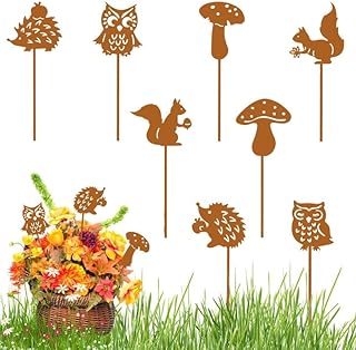 8 Piquet de Jardin Rouillé,Forme D'animaux Rouillés Décoration Rouille,Avoir Motifs de Hibou, D'écureuil, de Hérisson et de Champignon,Convient pour Décorer les Jardins,Balcons, Pots de Fleurs