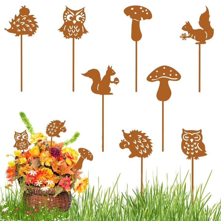 8 Elementi Decorazione Arrugginita,Ruggine Decorazione da Giardino,Picchetti da Giardino Arrugginiti a Forma di Gufo Riccio, Ideali per Decorazioni Autunnali in Giardino, Balcone, Vasi di Fiori