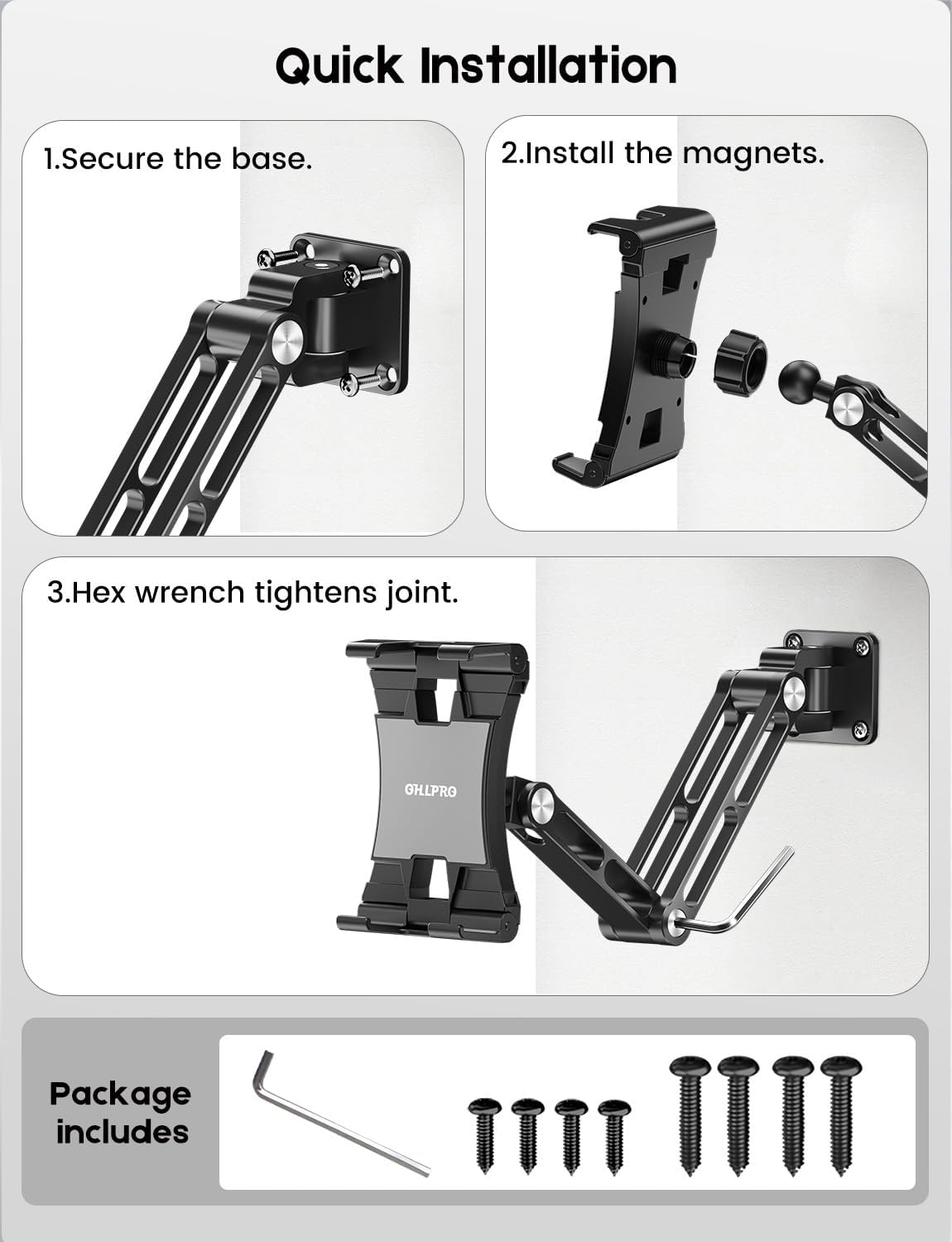 OHLPRO Tablet Wall Mount Holder for iPad with 360° Rotating Adjustable 2-Stage Foldable Aluminum Arm, Wall Phone Holder for 5-13" iPhone iPad Tablet, Great for Home Gym Kitchen Office