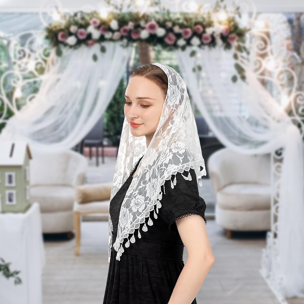 PALAY White Scarf for Women, Church Veil Lace Mantilla Head Covering 4
