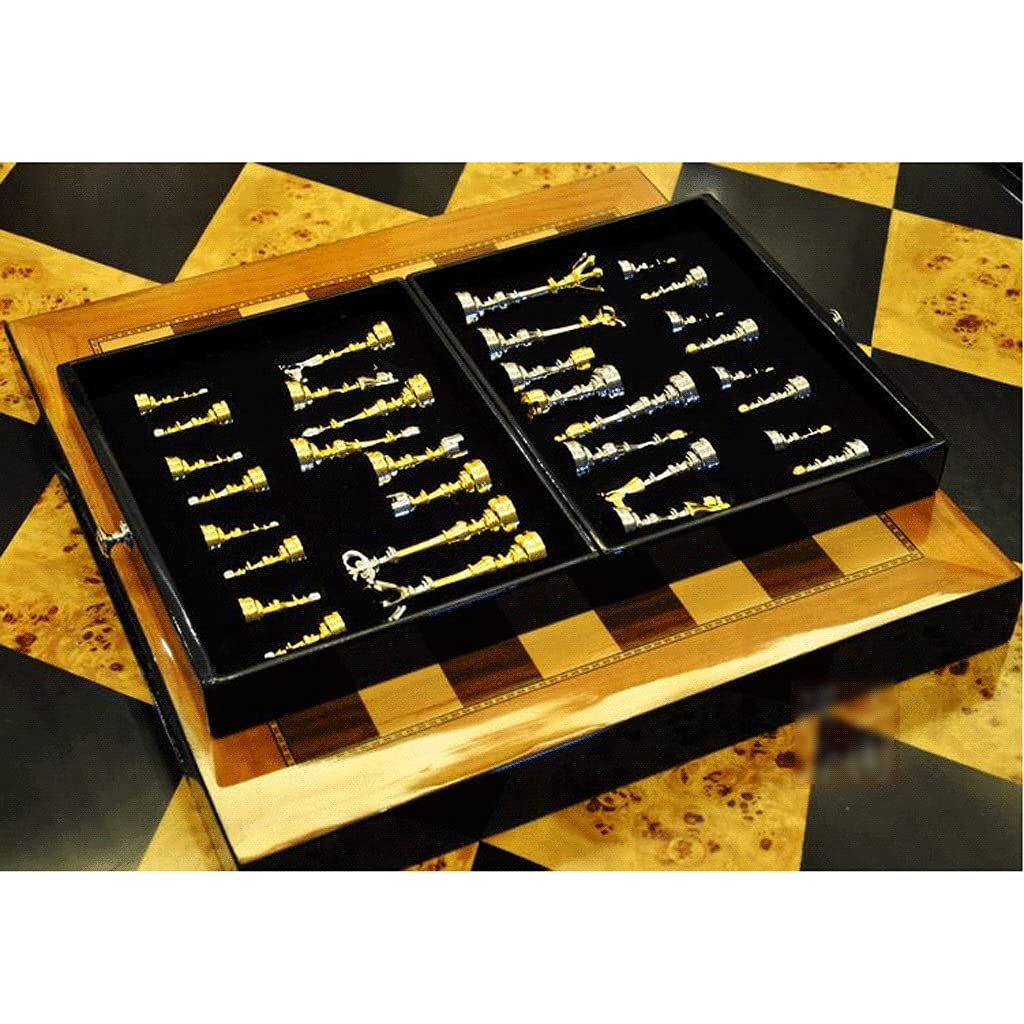 Set di Scacchi Set di Scacchi Fatti a Mano Portatile Scacchiera in Legno Scacchiera con 2 cassetti e Pezzi degli Scacchi in Argento Dorato Set di Scacchi in Metallo per Set di Scacchi per Adulti