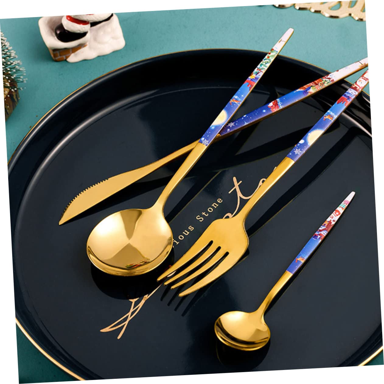 Cabilock 5 Juegos Cuchara Navideña De Acero Inoxidable Cuchara De Café De Salsa Tenedor De Aperitivo Cuchillo De Cena De Te Cuchillo De Mesa Juego De Tenedores Metalicos