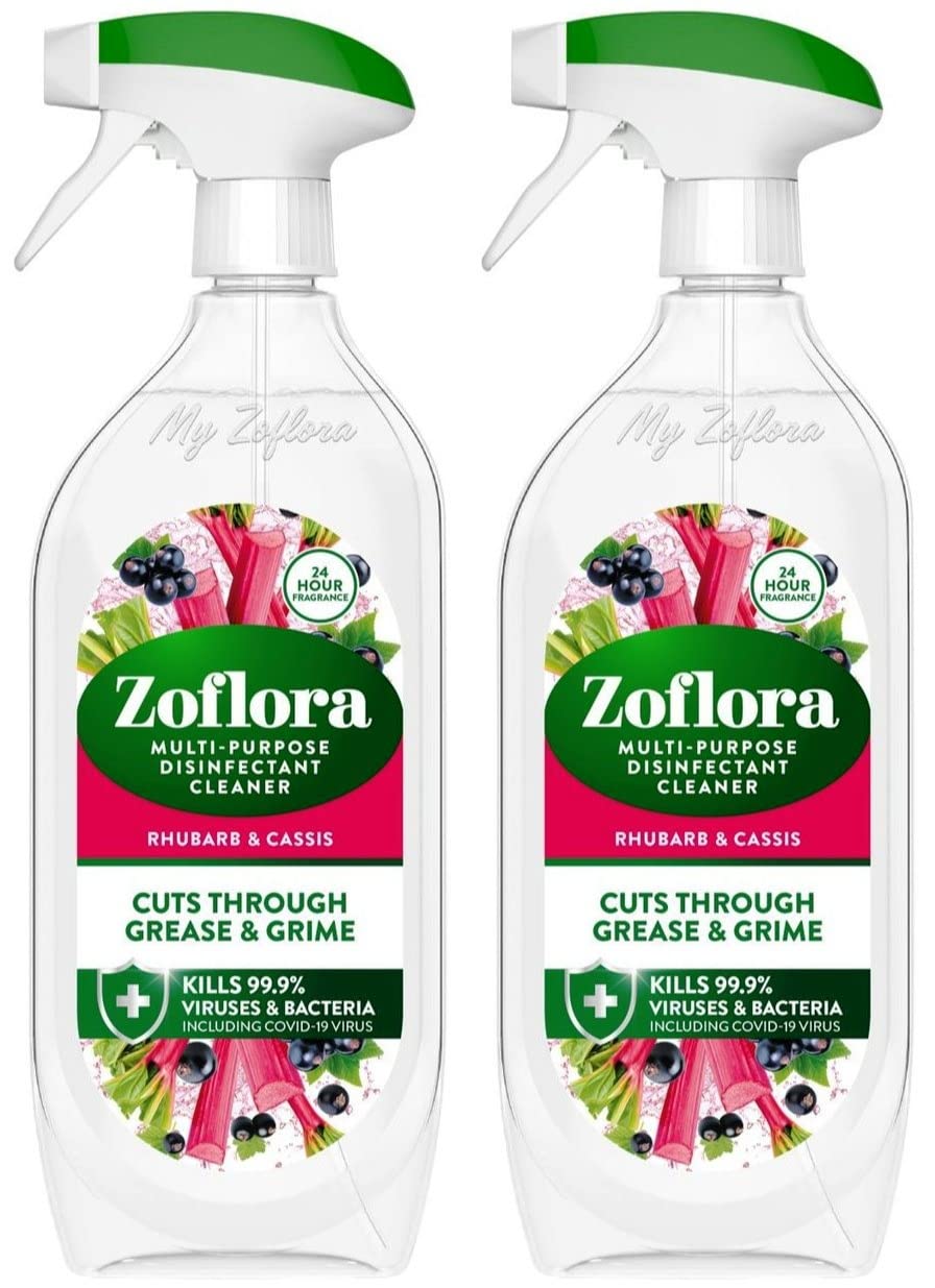 Zoflora Multi Purpose Disinfectant Cleaner Spray, Twin Pack, 2 x 800 ml, Rhubarb & Cassis Scent