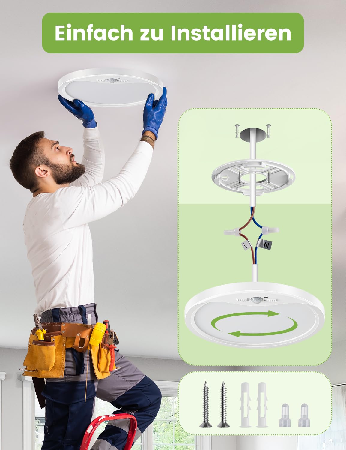 Lampa Sufitowa LED 18W z Czujnikiem Ruchu i Czujnikiem Zmierzchu, 1800 LM Ultracienka Okrągła Lampa Sufitowa Ø23, 3000K/4000K/6500K