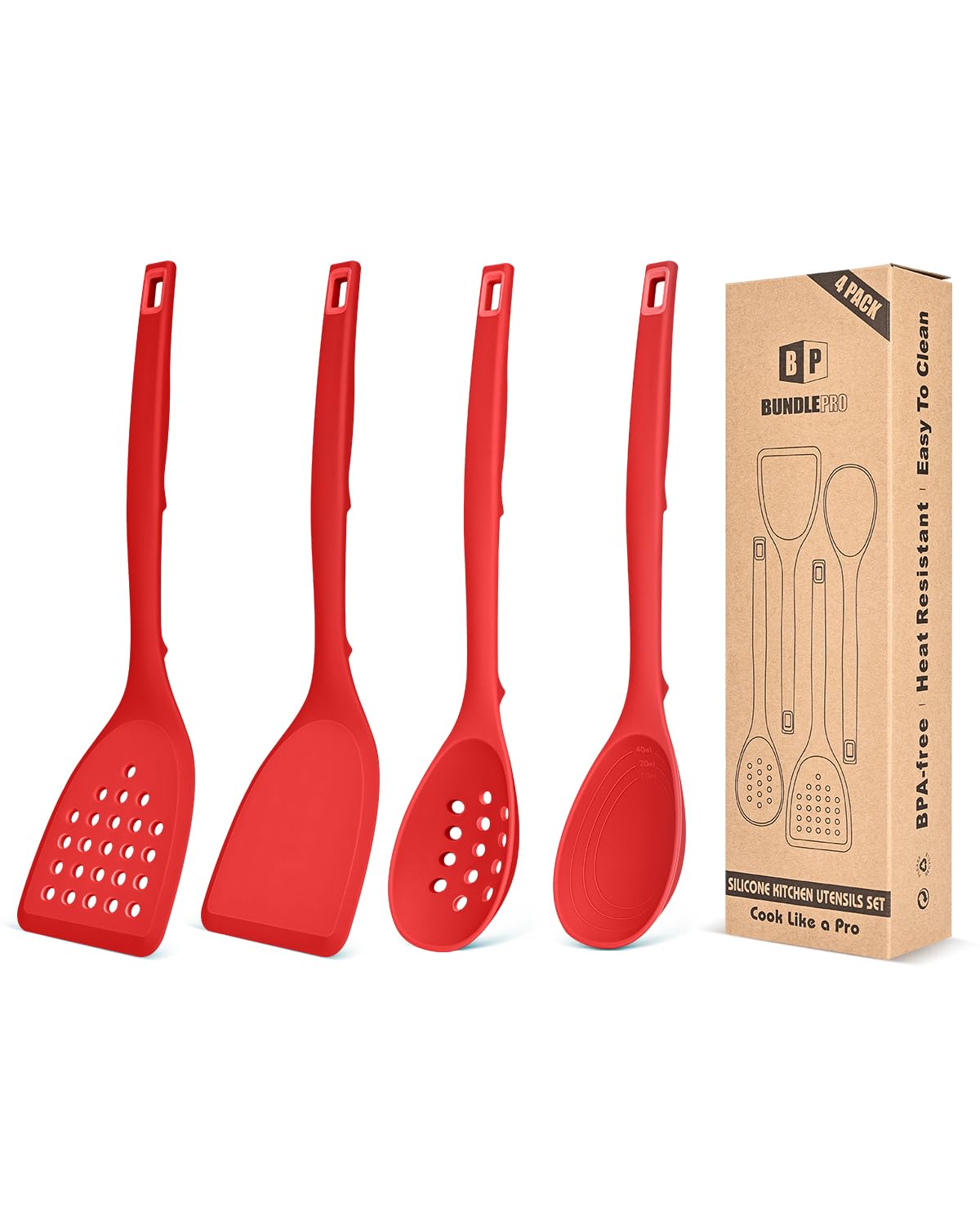 Pack of 4 Silicone Cooking Utensils Set, Non Stick Solid Spatulas and Heat Resistant Slotted Spoons with Back Hooks, Ideal BPA Free Kitchen Utensils Set for Frying,Serving,Turning,Stirring (RED)