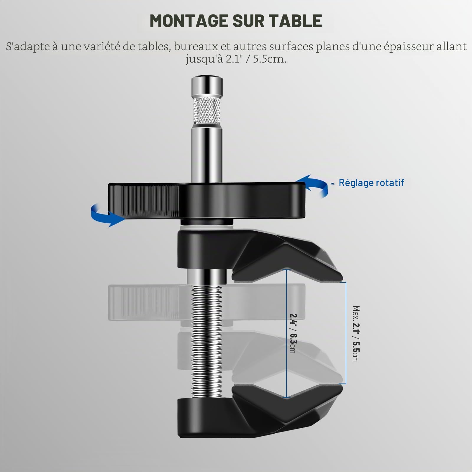 NEEWER 2" Griffe Étau en Acier avec Goujon de 5/8",Mâchoire Réglable en Aluminium, Coussinet en Caoutchouc de Support C,Anti-Torsion,Poignée Rotative pour Lumière Vidéo LED Softbox,UA015