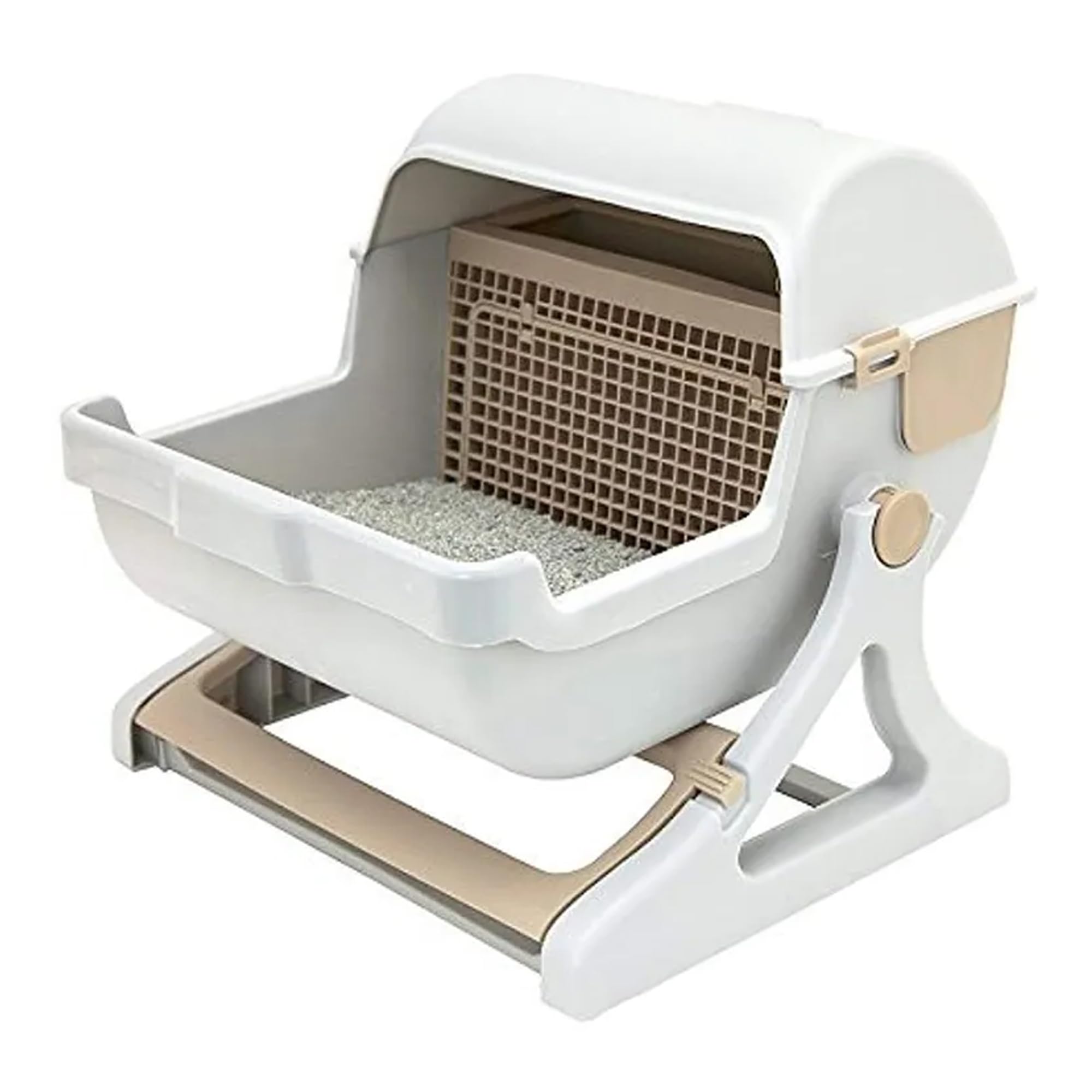 The Finer Feline Semi-Automatic Cat Litter Box, Quick Clean & Anti Splash, Odor Free, Easy Cleaning, Cat & Kitten Friendly, Pet-Safe Materials, Beige, Medium
