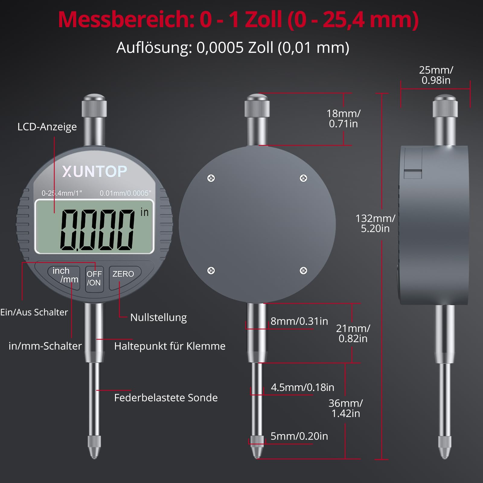 XUNTOP Digitale Messuhr mit Magnetfuß Präzisionsmessung 0,01 mm,132lbs/60kg Auto-Nullfunktion, 0-25,4 mm Messbereich, Ideal für Werkstatt, Maschinenbau und Automobilgebrauch
