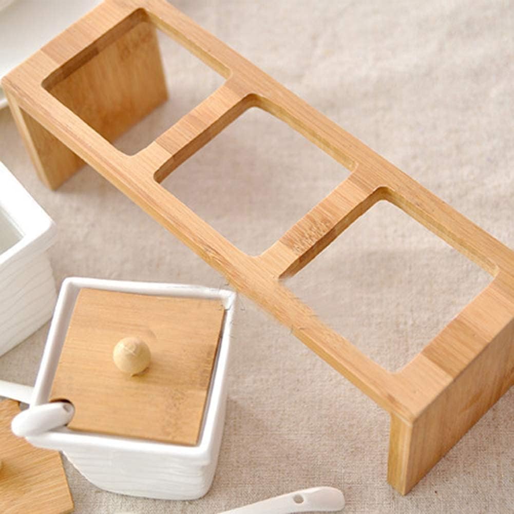 Special Shape Set of 3 Ceramic Condiment Pots Spice Serving Jars Seasoning Container with Serving Spoons & Bamboo Stand