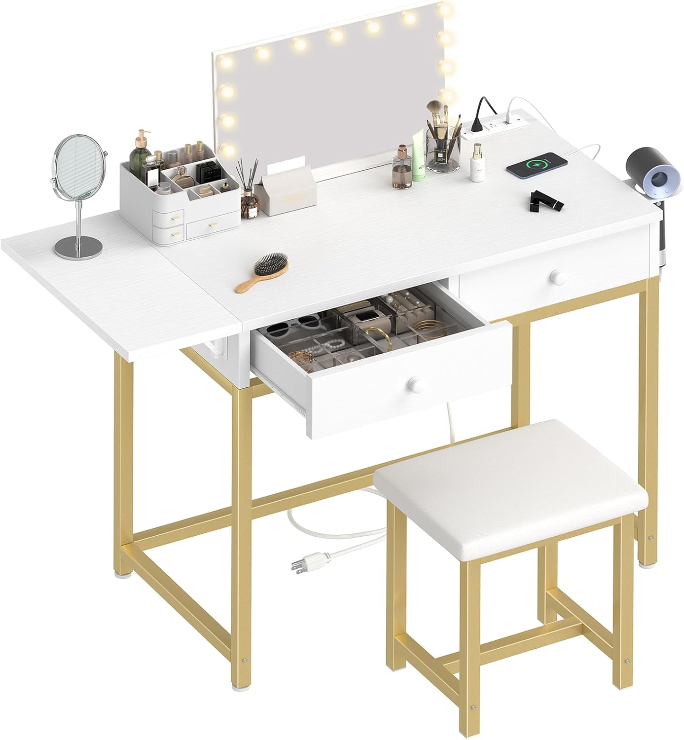 Small Makeup Vanity Desk no Mirror - Modern White Vanity Table with Wood Drawers, Padded Stool, Charging Station & Foldable Countertop, Small Computer Desk Home Office Desk for Bedroom 2.gold