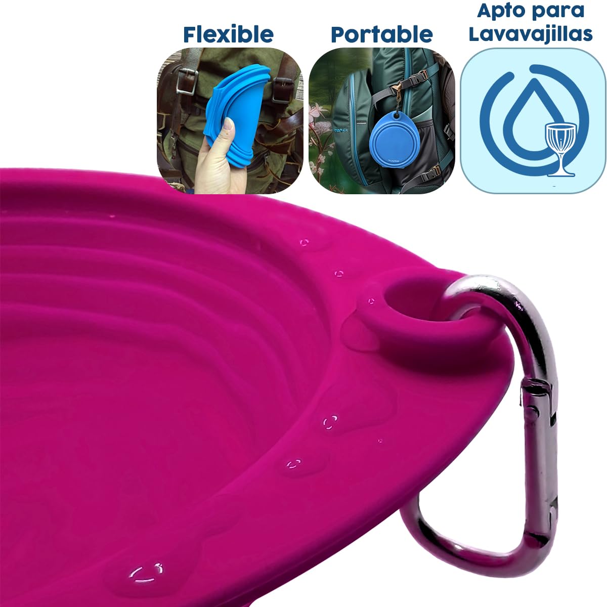 Comedero y Bebedero Plegable para Perros y Gatos - Cuenco Doble de Silicona Resistente Libre de BPA - Plato Portatil para Agua y Comida Ideal para Viaje, 700ml (Rosa Fucsia)