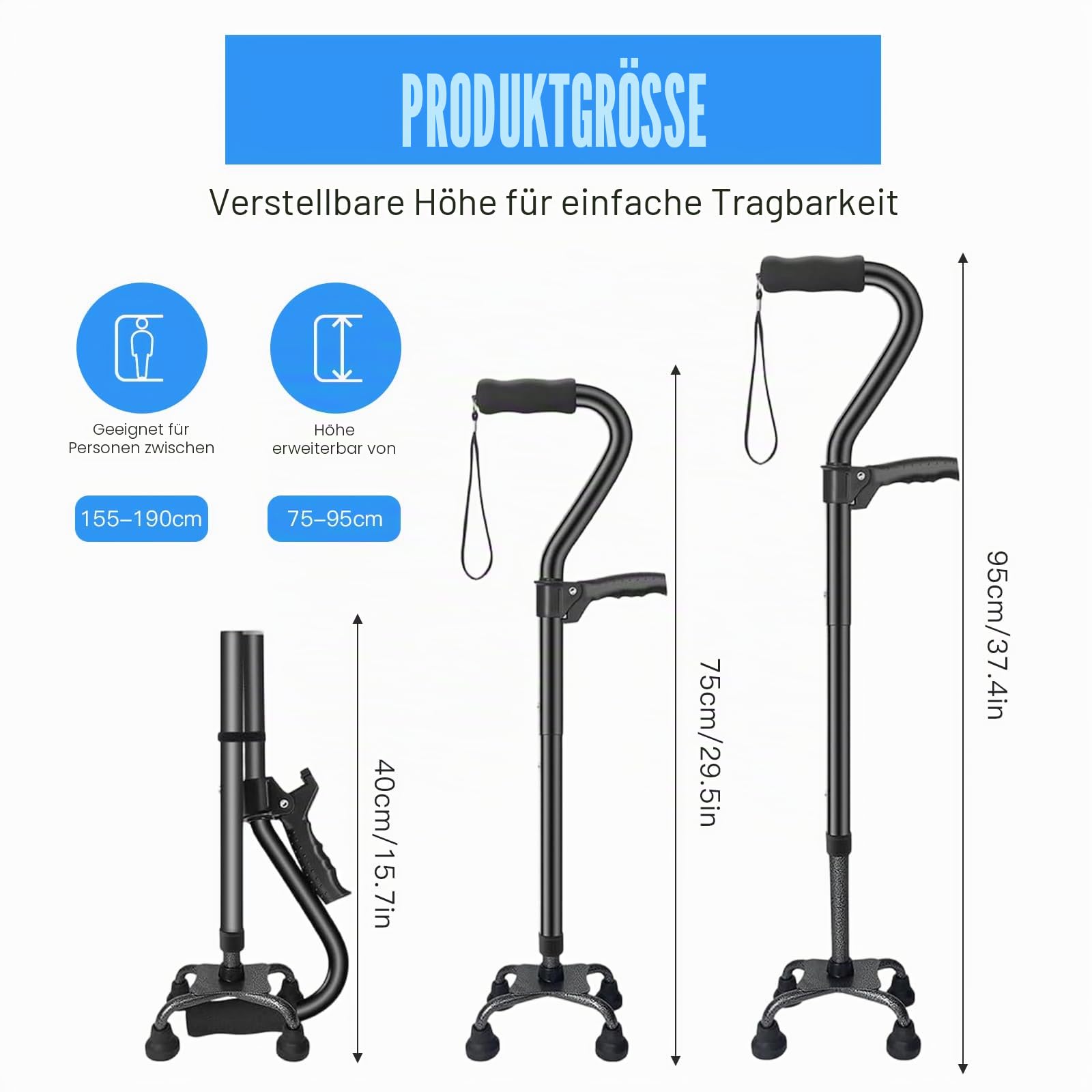 Gehstock Klappbar mit 4-Zinken-Basis & Doppelgriff - Verstellbare & Leichte Gehhilfe für Damen/Herren - Standfester Quad-Stock für Senioren & Erwachsene - Ergonomischer Weicher Griff