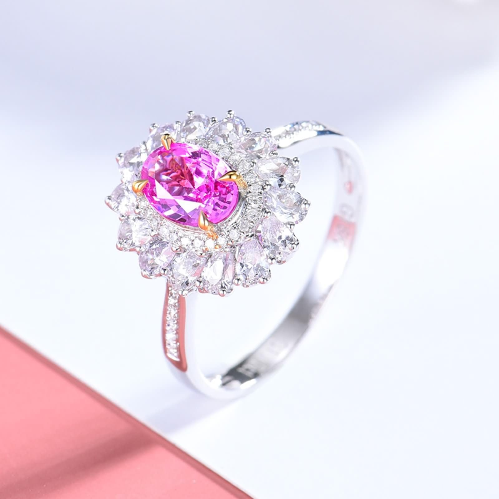 Pierścionek damski ślubny 9K / 14K / 18K białe złoto, kwiat i 4 owalne pazury z różowym szafirem i diamentem 0,79ct i diamentem, pierścionek małżeński kobiety srebrny różowy